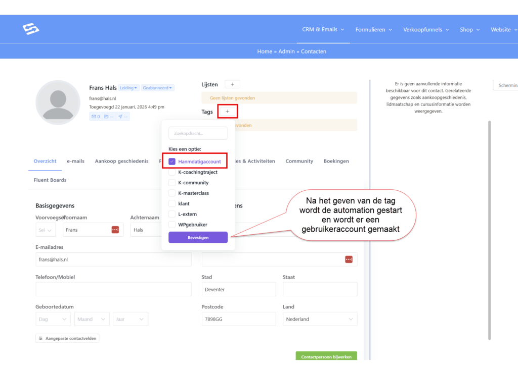 De tag toekennen aan een contact