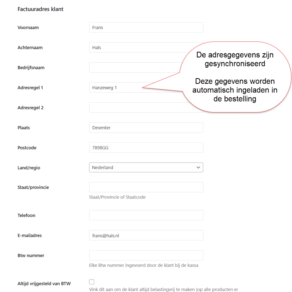 De adresgegevens zijn gesynchroniseerd vanuit het CRM