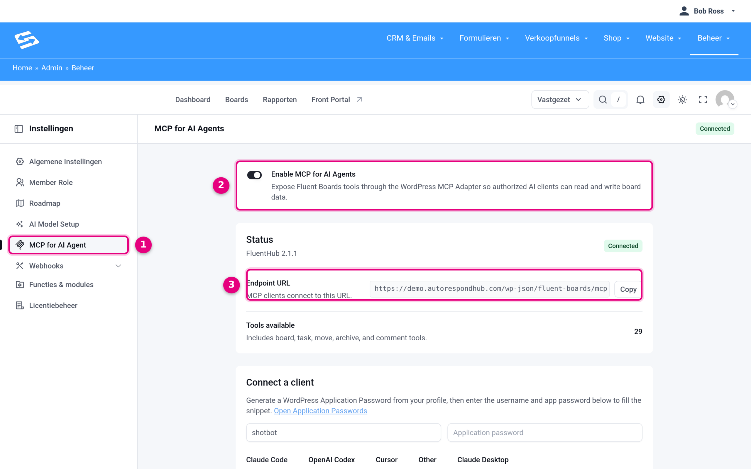 De instellingenpagina MCP for AI Agent van FluentBoards