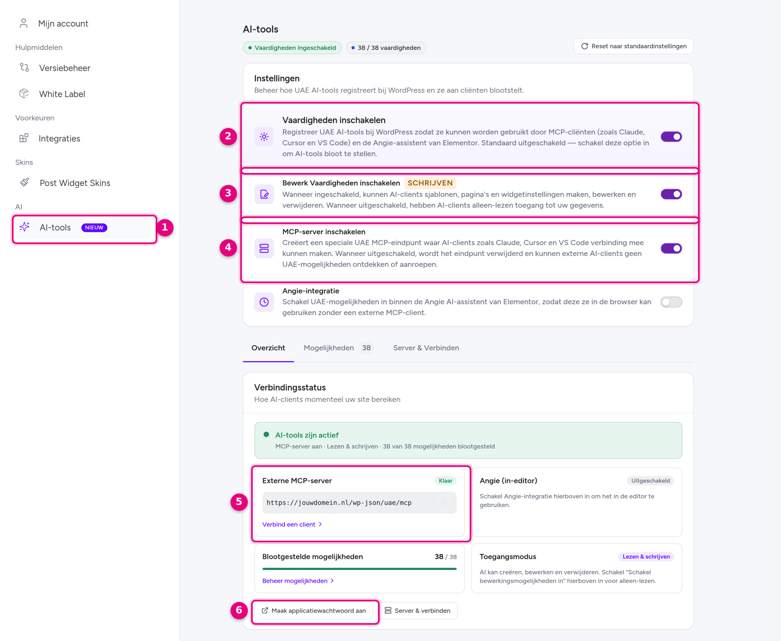 De instellingenpagina AI-tools van Ultimate Addons met de schakelaars voor vaardigheden, bewerken en de MCP-server, het adres van de koppeling en de knop voor een applicatiewachtwoord