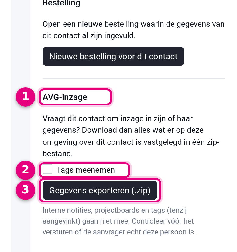 Het blok AVG-inzage met het vinkje Tags meenemen en de knop Gegevens exporteren
