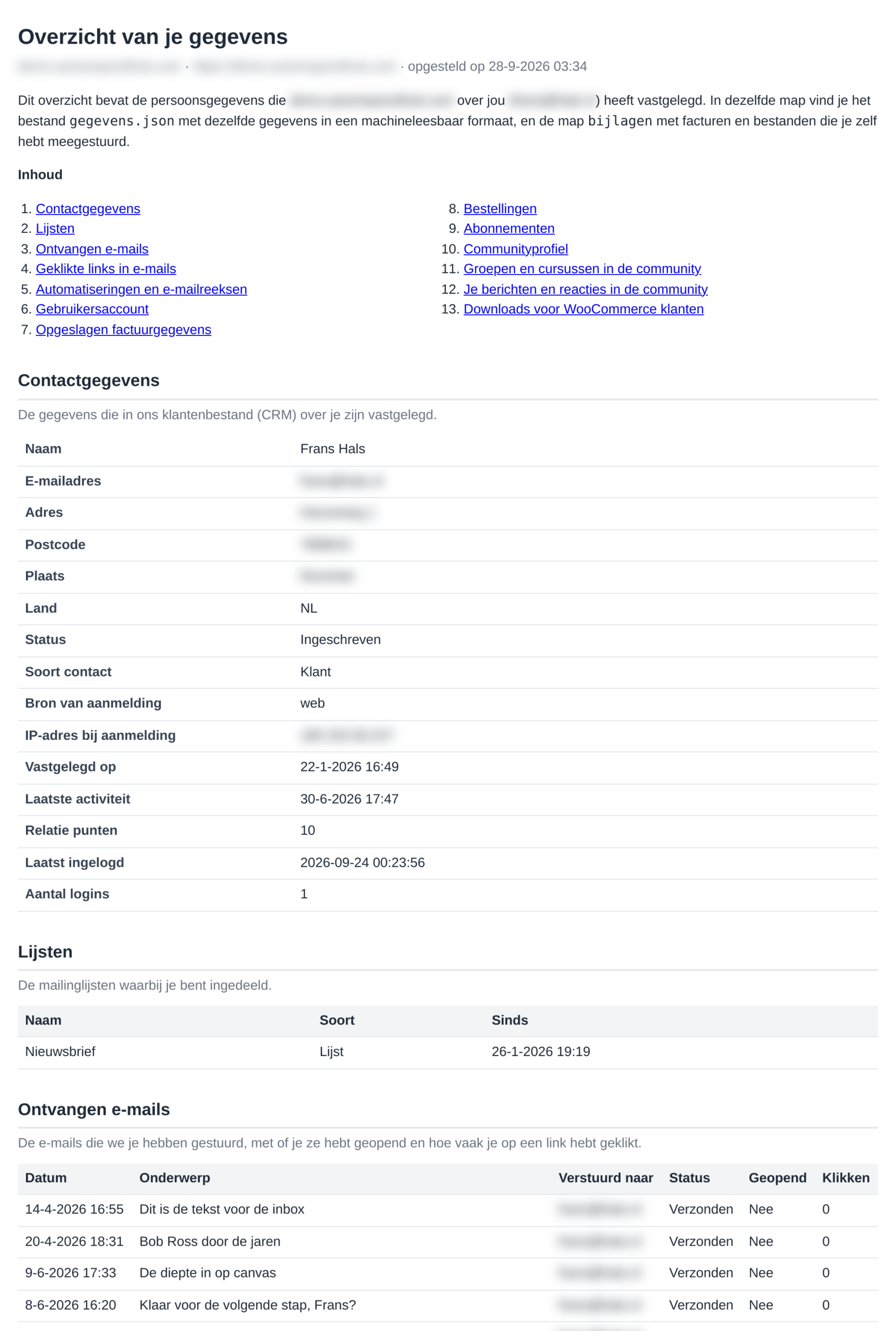 Het leesbare overzicht uit het zip-bestand met inhoudsopgave en contactgegevens