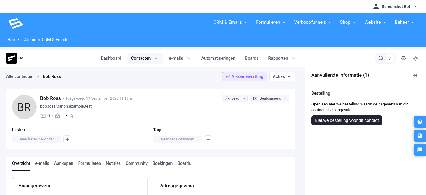 De knop Nieuwe bestelling voor dit contact op de contactpagina in het CRM