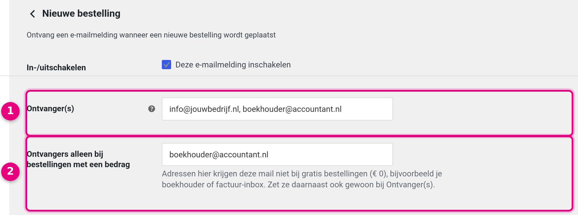 De instellingen van de melding Nieuwe bestelling met het veld Ontvanger(s) (1) en het veld Ontvangers alleen bij bestellingen met een bedrag (2)