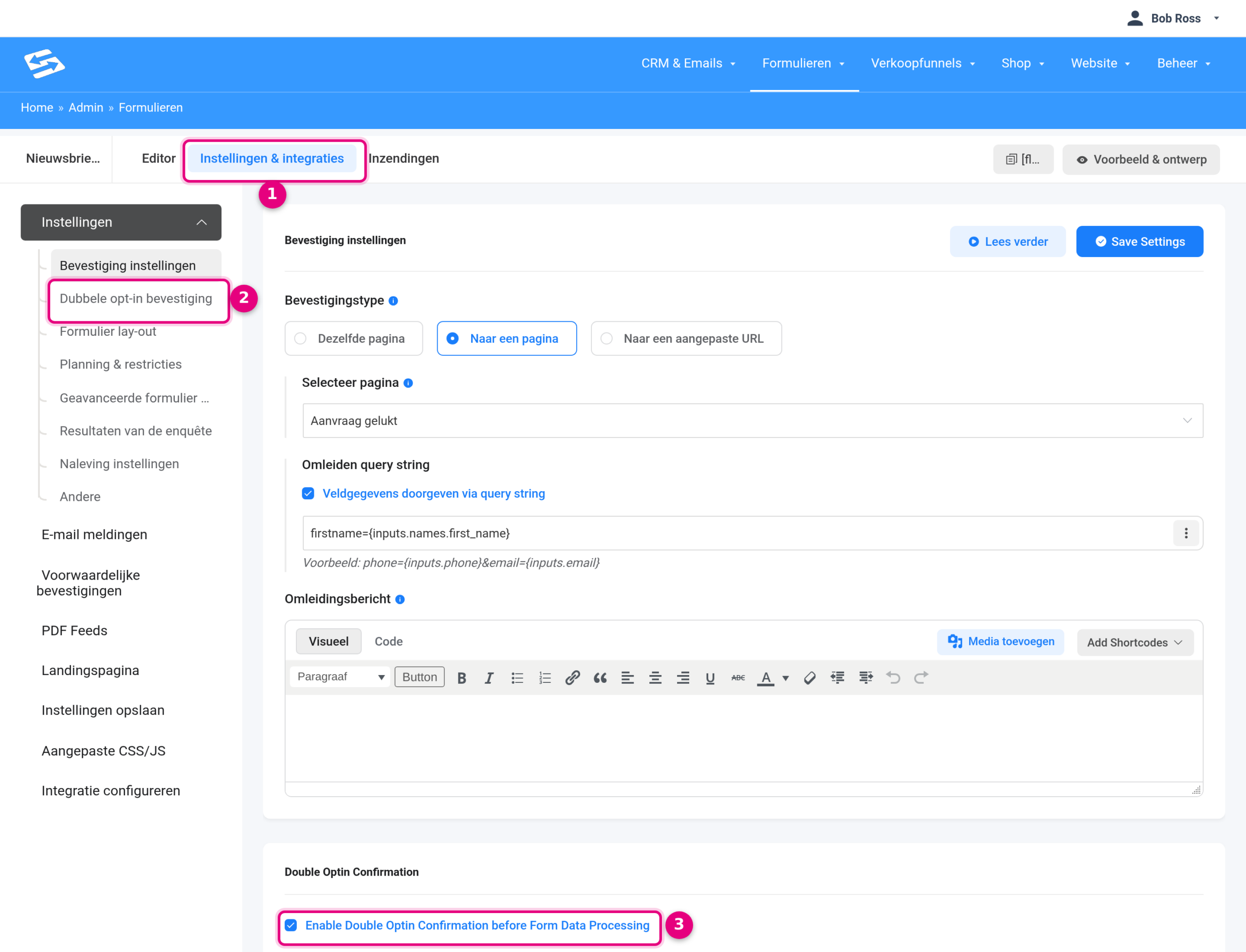 De instellingen van een formulier met het onderdeel Dubbele opt-in bevestiging en het ingeschakelde vinkje