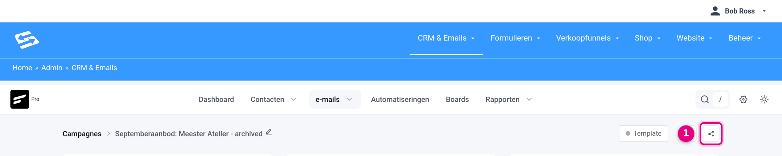 CRM & Emails, e-mails, Campagnes: verzonden campagne met rechtsboven het deel-icoon