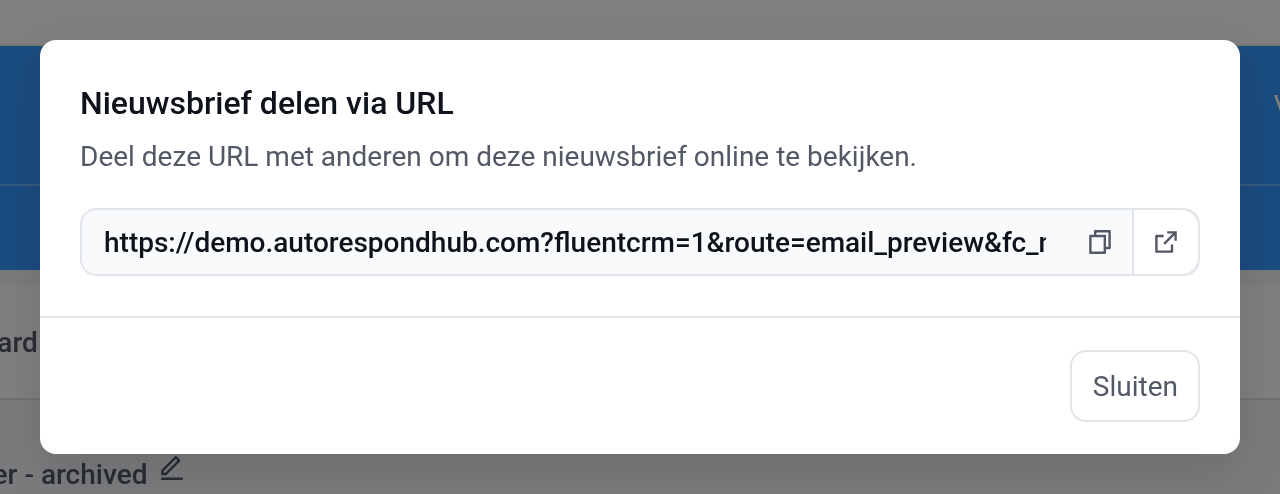 Dialoog Nieuwsbrief delen via URL met de publieke link van de campagne