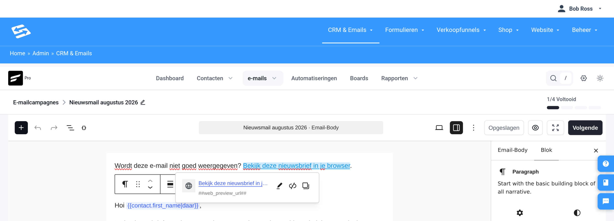 E-mailbewerker: geselecteerde linktekst met als linkadres de shortcode ##web_preview_url##