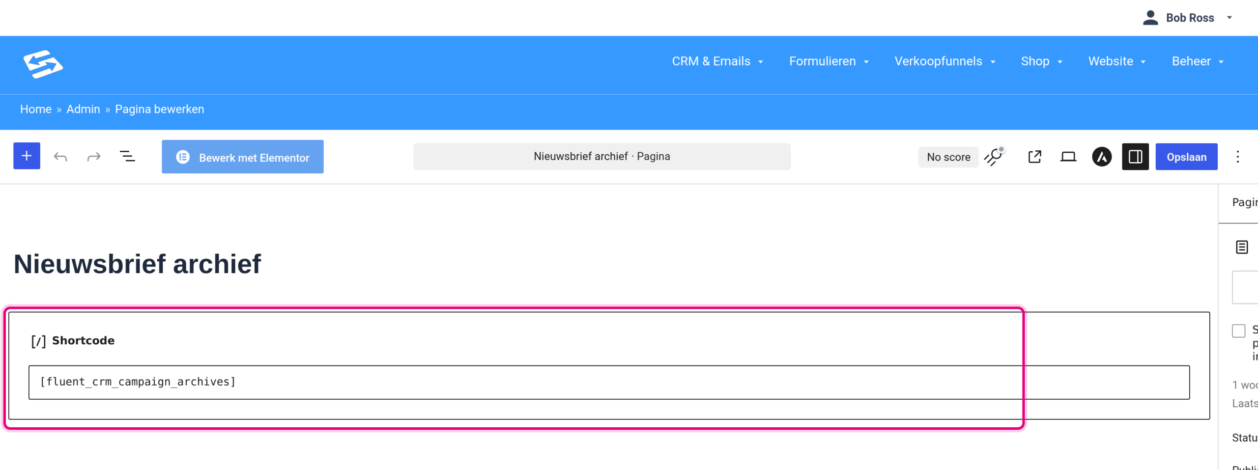 Website, Pagina's: pagina Nieuwsbrief archief met het shortcode-blok fluent_crm_campaign_archives
