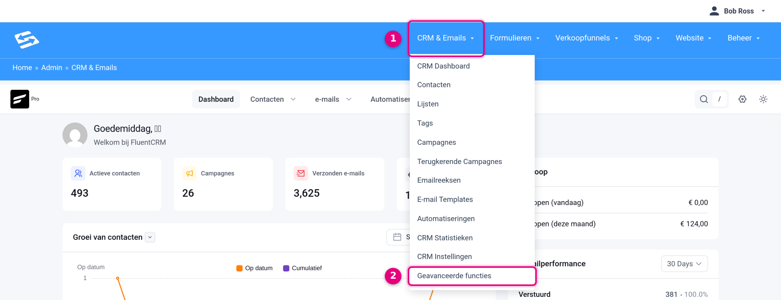 Het menu CRM & Emails in het portaal met onderaan het item Geavanceerde functies