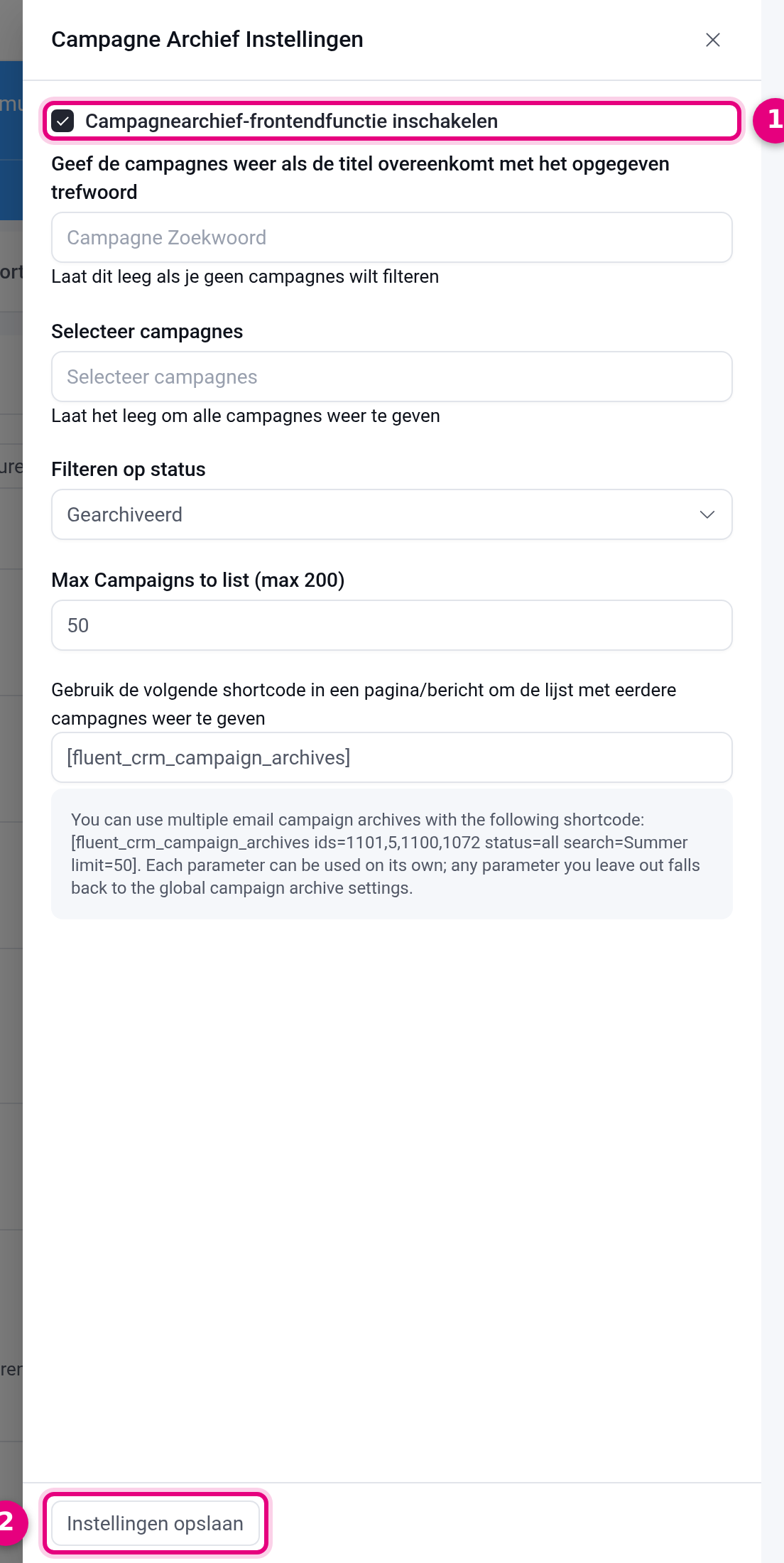 Het venster Campagne Archief Instellingen met het vinkje Campagnearchief-frontendfunctie inschakelen en de knop Instellingen opslaan