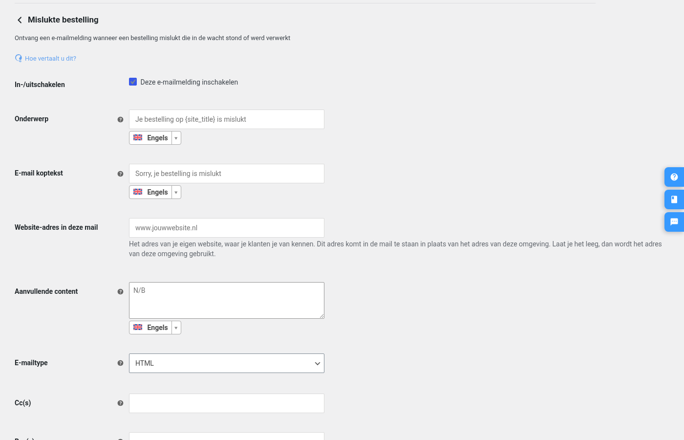 Het veld Website-adres in deze mail bij de e-mail Bestelling mislukt