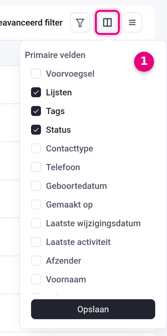 De kolommenknop met de lijst van kolommen die je kunt tonen
