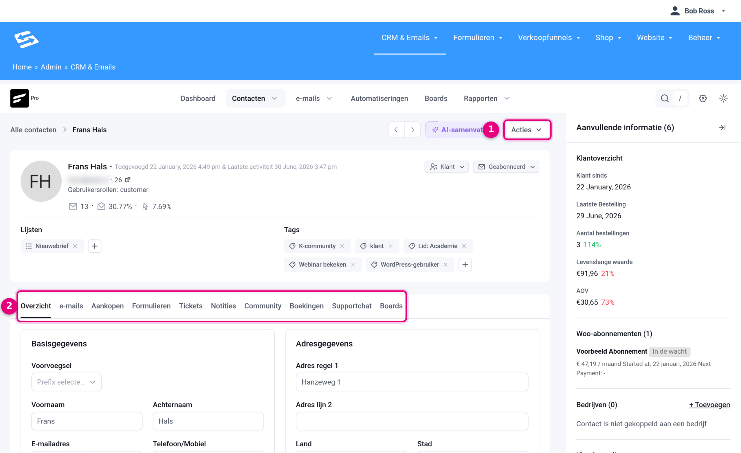 De contactpagina met de knop Acties en de tabbladen Overzicht, e-mails, Aankopen en meer